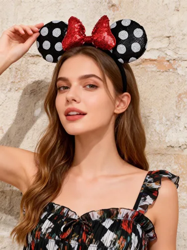 Vista 2 de A Miaow Diadema de orejas de ratón negro 3D con lentejuelas MM purpurina mariposa cierre de pelo suministro de parque para adultos mujeres accesorio