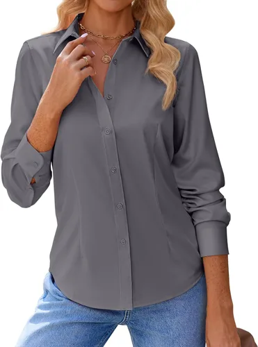Vista 8 de siliteelon Camisas con botones para mujer, con protección contra manchas, de manga larga, sin arrugas, blusas de oficina