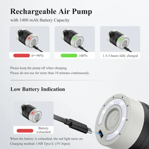 Vista 6 de Air Pump for Inflatables, Electric Air Pump with 1400 mAh Rechargeable Battery, Tiny and Portable Air Pump with Camping Light, Quick Inflate Deflate