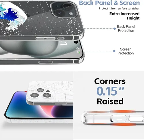 Vista 4 de Funda diseñada para iPhone 15, diseño de ondas en cielo estrellado, funda transparente de teléfono para mujer con ondas japonesas para iPhone 15, a
