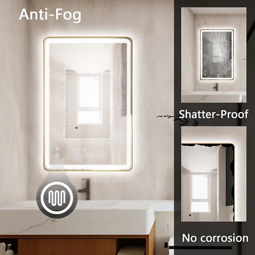 Vista 4 de Espejo de baño LED rectangular, 36 x 28 pulgadas, antiempañamiento, doble tacto, iluminado, espejo de tocador de pared con marco de metal biselado