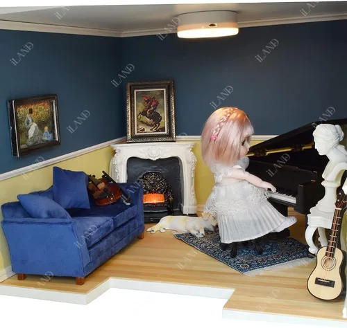 Vista 3 de iLAND Muebles modernos para casa de muñecas en escala 1/12 de sofá en miniatura para sala de estar de casa de muñecas (terciopelo azul oscuro)