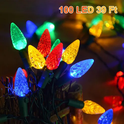 Vista 12 de HUGSVIK - Cadena de luces solares de Navidad de 39 pies, 100 LED, 8 modos, luces C6 de fresa, luces impermeables para exterior, para árbol