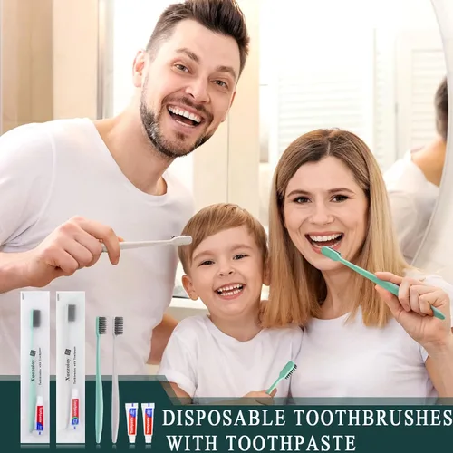 Vista 2 de Cepillos de dientes desechables con pasta de dientes, paquete de 60 cepillos de dientes desechables envueltos individualmente a granel para personas