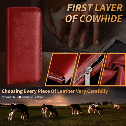 Vista 3 de Bistup Cartera larga para tarjetas de crédito para mujeres y mujeres de cuero genuino Rfid rojo grande con cremallera en efectivo para mujeres