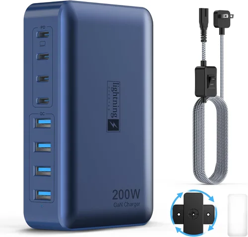 Vista 8 de Estaciones de carga múltiple de 8 puertos de 200 W con enchufe plano, cable de alimentación trenzado e interruptor de encendido/apagado