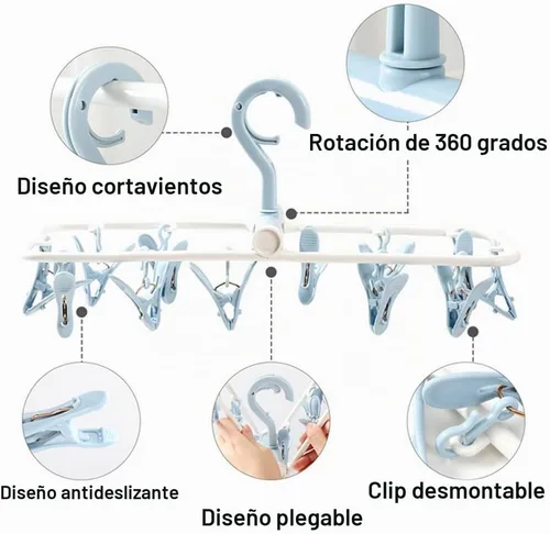 Vista 4 de Percheros de secado de ropa, paquete de 2 perchas pequeñas plegables portátiles con clips, calcetines, 12 clips, gancho giratorio de 360° para secar