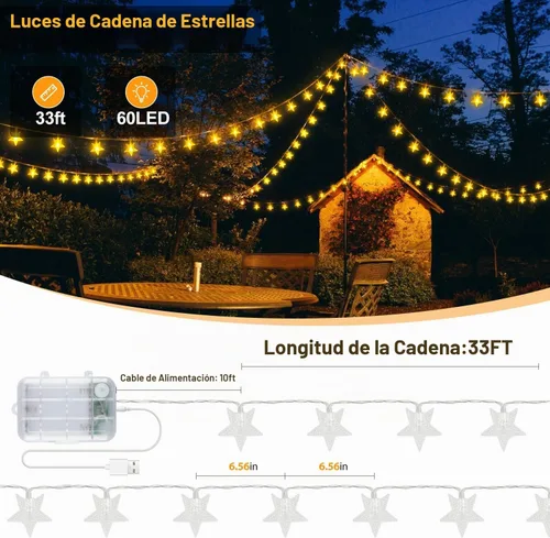 Vista 5 de OMIKA Guirnalda de luces de estrella con pilas, 33 pies, 60 LED, con control remoto, cambio de color, luces de estrella para interiores, dormitorio