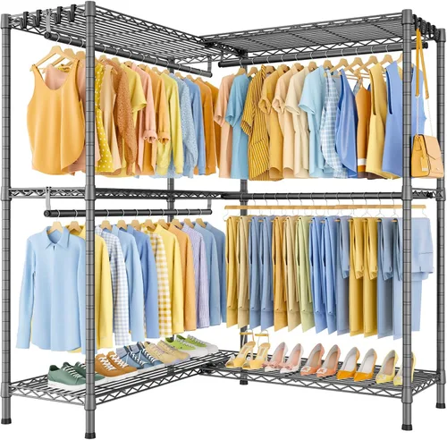 Vista 17 de ULIFHOME E15 - Perchero en forma de L para esquina, perchero independiente para colgar ropa, organizador de armario resistente con 4 varillas