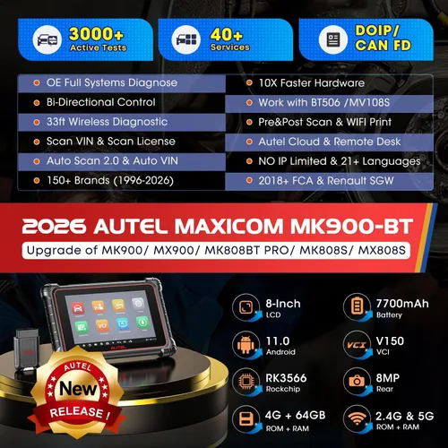 Vista 2 de Autel Escáner MaxiCOM MK900BT: 2026 8in MK900-BT V2.0 Herramienta de escaneo bidireccional, 33 pies BT Ver. de MK900 MX900 MK808S MK808BT PRO MX808S
