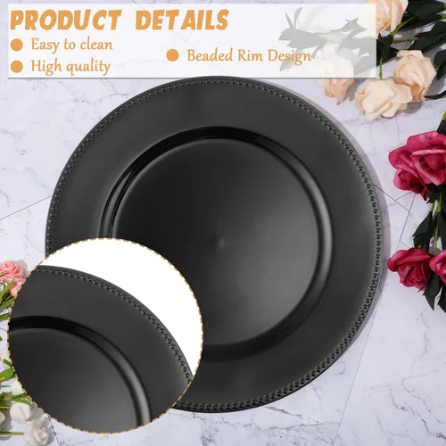 Vista 3 de Jinei Paquete de 36 platos de carga negros de 13 pulgadas con cuentas de plástico redondos, decoración de mesa de boda, bandeja reutilizable