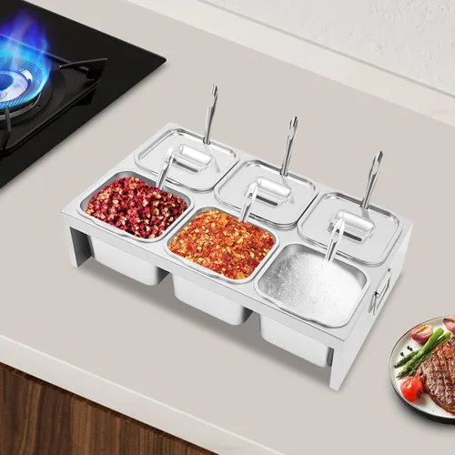 Vista 2 de Recipientes de condimentos de acero inoxidable, 6 estaciones de cobertura de pizza de 2.4 L, para preparar ingredientes y coberturas, recipientes