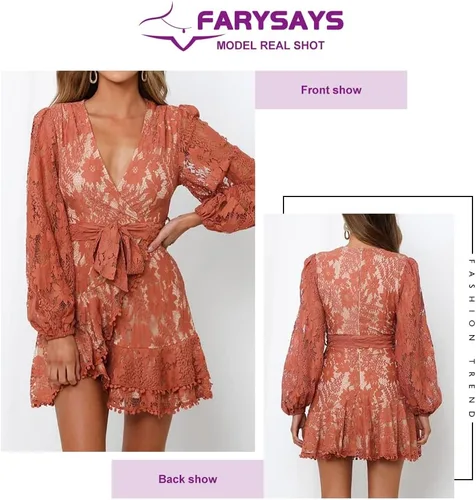 Vista 4 de FARYSAYS Womens Long Sleeve V Neck Lace Wrap Mini Dresses