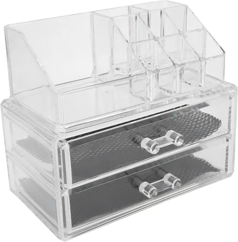 Vista 5 de Caja de almacenamiento de maquillaje, organizador transparente de dos niveles, joyería cosmética, lápiz labial, soporte para exhibición de lápiz