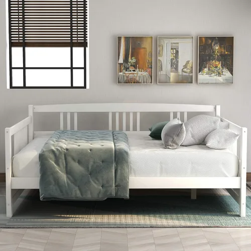 Vista 3 de Sofá cama de madera maciza de tamaño matrimonial, marco multifuncional para dormitorio/sala de estar, con soporte de tablas/espacio de Blanco Clásico