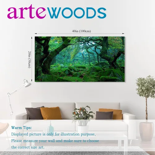 Vista 7 de Lienzo de bosque verde para pared, decoración de sala de estar, árboles grandes, imagen de naturaleza, lienzo moderno y grande, arte de madera