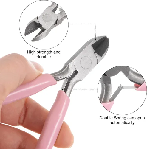 Vista 4 de HARFINGTON Alicates de precisión laterales de corte diagonal de 4.5 pulgadas con mango de plástico rosa para manualidades, fabricación de joyas