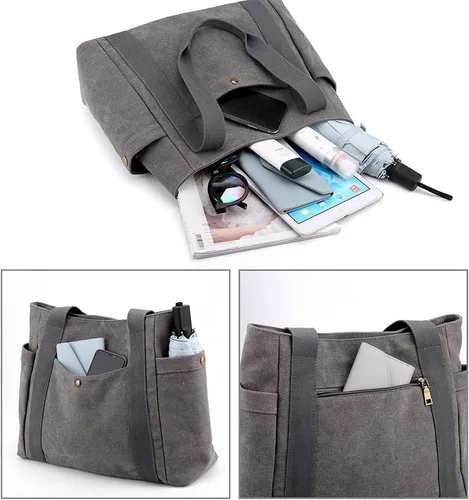 Vista 5 de Bolso de lona para mujer, multibolsillo, estilo retro, casual, con asa superior, bolso de mano