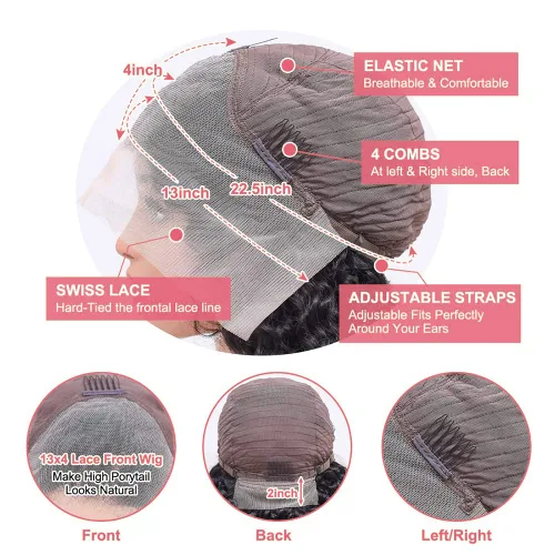 Vista 5 de Pelucas de cabello humano ondulado profundo con encaje frontal para mujeres negras, pelucas de cabello humano de 13 × 4 con encaje frontal