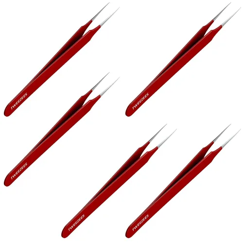 Vista 8 de Pinzas para el cabello encarnado Punta puntiaguda Rojo Acero inoxidable de precisión Extra afiladas y perfectamente alineadas