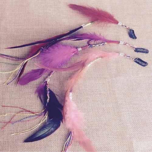 Vista 7 de 6 piezas de clip de plumas para el cabello, hecho a mano, bohemio, hippie, clip de plumas, accesorios para el cabello de Halloween, accesorios