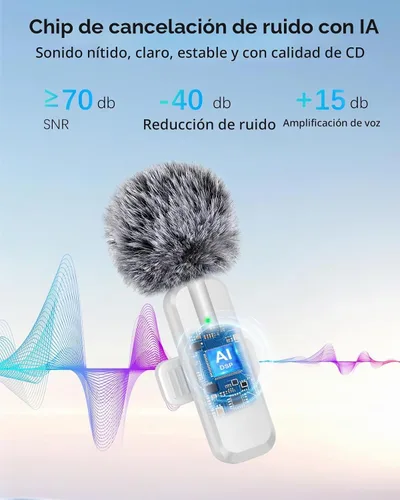 Vista 3 de Mini micrófono inalámbrico para iPhone, paquete de 2 micrófonos Lavalier para grabación de video, micrófono de solapa con reducción de ruido 2 en 1