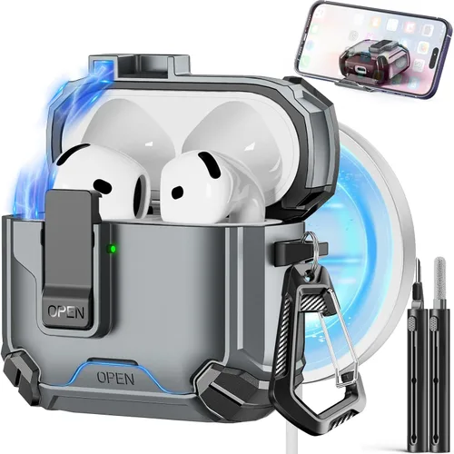 Vista 33 de Pohgelan - Funda compatible con AirPods Pro 2ª/1ª (verde) Cerradura magnética automática con kit de limpieza, compatible con Magsafe