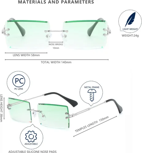 Vista 5 de LASPOR Lentes de sol plateados sin montura rectangulares para hombres y mujeres de los años 90 y 2000, retro, vintage, cuadrados, sin marco, lentes