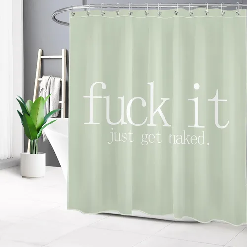 Vista 2 de LB Fuck It Get Naked - Juego de cortinas de ducha con alfombras con citas divertidas, cortina de ducha de tela verde salvia con ganchos, juego
