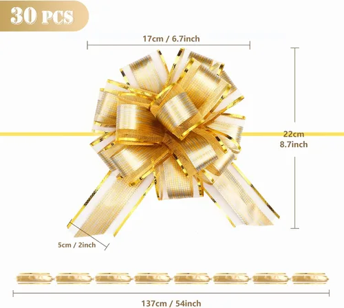 Vista 2 de GWHOLE 30 piezas de lazos grandes para envolver regalos, lazos de cinta dorada de 5" para envolver regalos, decoración de boda y festividades