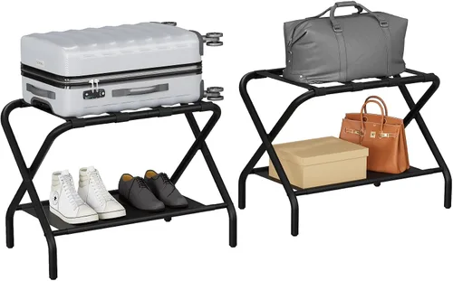 Vista 9 de Smuxee Portaequipajes Negro Paquete de 2, Soporte Plegable para Maletas con Estante de Almacenamiento de Tela, Portamaletas con 4 Correas de Nailon