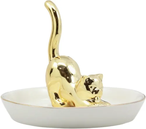 Vista 2 de dorado Feline Cat KittenFigura cerámica anillo Accessory Jewelry Holder vanidad Gres