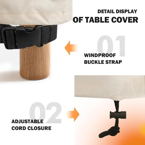 Vista 5 de TOHONFOO Funda para mesa redonda para exteriores, impermeable, anti-UV, para mesa de patio, se adapta a mesas de exteriores de hasta 58 a 60 Beige