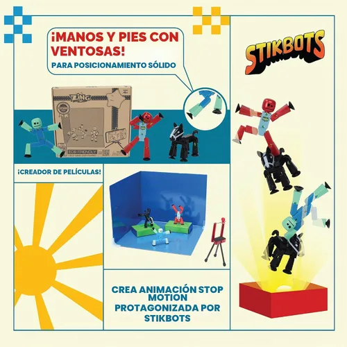 Vista 6 de STIKBOT Zing Zanimation What The Bot - Juego de figuras de acción especiales y animación, incluye 3, 1 trípode para teléfono móvil y escenario 2