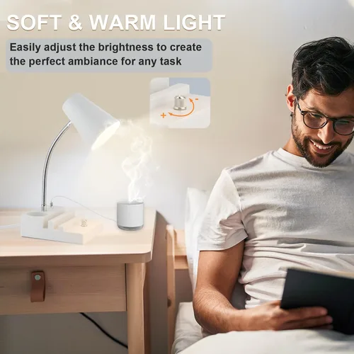 Vista 5 de LALISU Lámpara de escritorio de estudio con carga USB y luz nocturna tipo C, lámpara de mesa LED de cuello de cisne con atenuación continua, lámpara