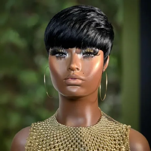 Vista 2 de Pelucas de cabello humano para mujeres negras, pelucas cortas de corte Pixie, pelucas cortas de corte de pelo en capas con flequillo, pelucas hechas