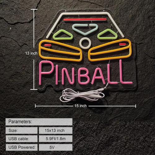 Vista 3 de Roouneon Pinball - Letrero de neón para decoración de pared con interruptor regulable, luz LED de neón