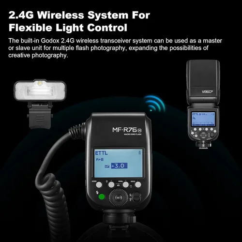 Vista 7 de GODOX MF-R76N TTL Macro Ring Flash para Nikon TTL/M Modo 5900K 76Ws 2.4G Control inalámbrico 550 Flash de potencia completa 0.1-1s Tiempo