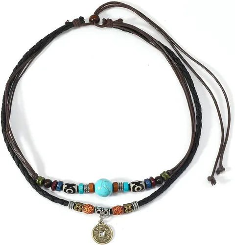Vista 7 de HETICA Gargantilla de cuentas de madera boho en capas occidentales, collar trenzado de flores en forma de corazón, cordón de cáñamo ajustable