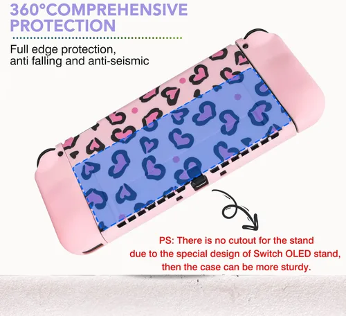 Vista 8 de DLseego Pink Love Leopard Carrying Case for Switch OLED, Cute Silicone Protective Soft Cover with 4PCS Thumb Grip Caps and Pink Plush Heart Pendant