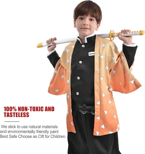 Vista 6 de Demon Slayer - Espada para niños de 31 pulgadas, hoja de bambú con cinturón y soporte de espada, espada de anime de textura original, Katana Demon
