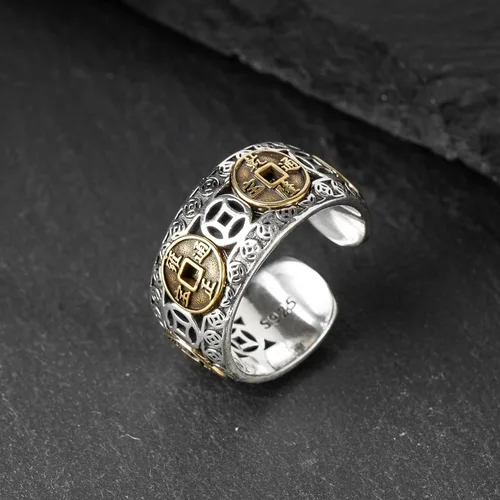 Vista 5 de Anillos de moneda de Feng Shui de plata de ley 925, anillo de dinero de la suerte para hombres y mujeres para atraer el éxito de la fortuna, Metal