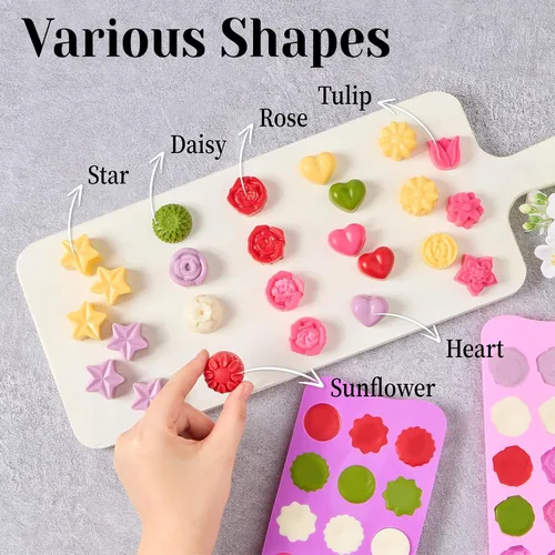 Vista 6 de 6 piezas de moldes de silicona para chocolate con forma de flor, juego de moldes de 15 cavidades con forma de rosa, corazón, estrella, moldes
