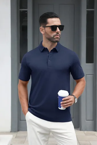 Vista 2 de MAGCOMSEN Camisas polo de manga corta para hombre, de algodón, piqué de 3 botones, ajuste clásico, informal, camisetas de golf