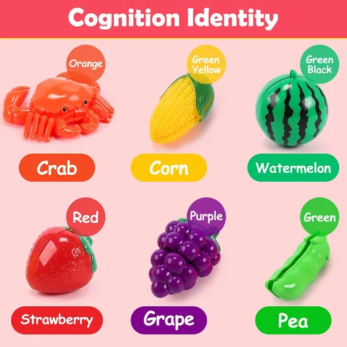 Vista 8 de HOLYFUN Juego de juguetes de comida para niños, cesta de la compra con accesorios de corte de frutas y verduras, olla y sartén, platos de plástico