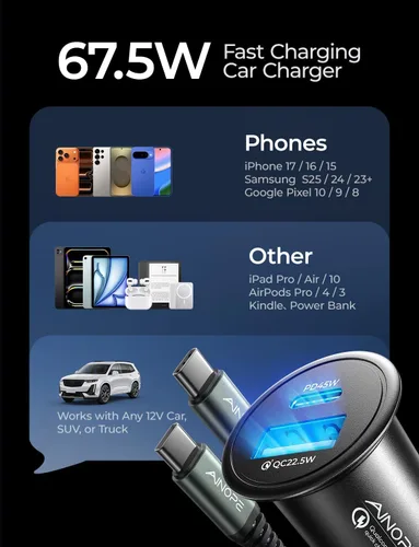 Vista 7 de AINOPE 67.5W cargador de coche USB C carga rápida, cargador de coche rápido