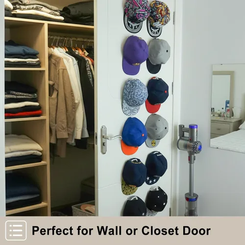 Vista 6 de Ganchos adhesivos para sombreros de pared (paquete de 12), colgador de sombreros sin perforaciones para organizador de gorras de béisbol de pared