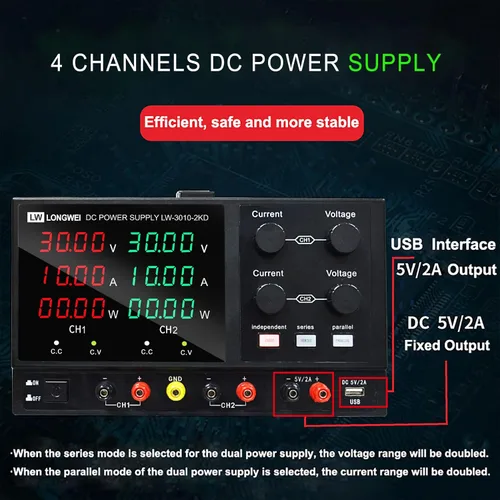 Vista 7 de Fuente de alimentación de CC variable, 4 canales 30 V 10 A 2 x 300 W ajustable conmutación regulada DC fuente de alimentación con pantalla