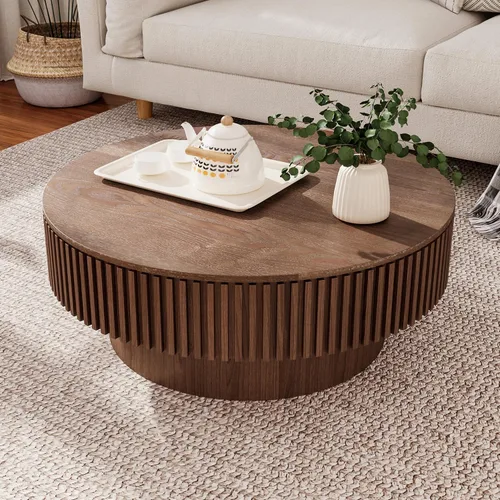 Vista 38 de Mesa de centro redonda de madera de 31.49 pulgadas con almacenamiento, mesa de centro circular acanalada de 2 niveles con tapa y estante para sala