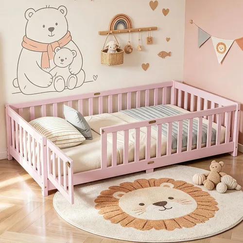 Vista 21 de Cama Montessori de tamaño matrimonial con tablillas, puerta y valla, cama Gris